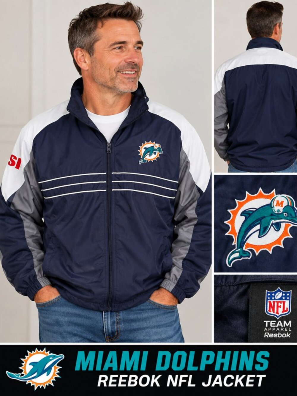 Reebok Miami Dolphins NFL Full-Zip Windbreaker Jacket – Men’s Large